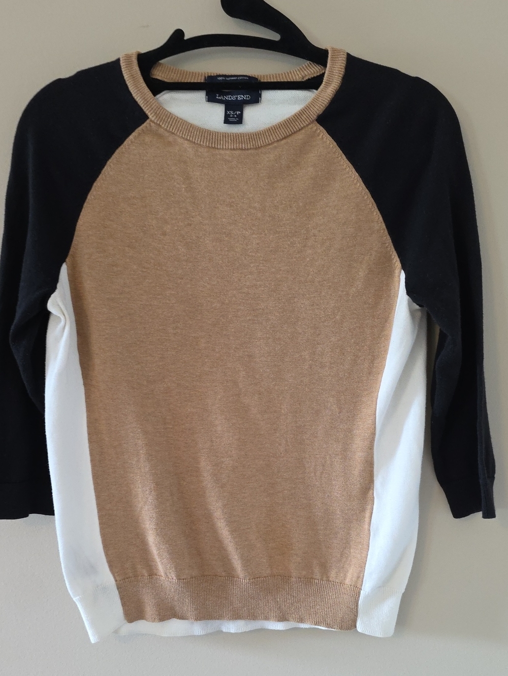 Lands' End Women's Colorblock Crewneck Sweater - Camel, Black, White